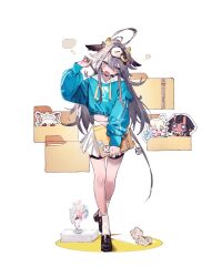 1girl ahoge akumako-chan_(bukurote) black_shoes black_shorts blue_eyes blue_sweater blush bukurote carrot_rabbit_(bukurote) cow_girl cow_horns cow_mask dot_nose folder grey_hair hair_between_eyes hair_over_shoulder half-closed_eyes highres hizumeno_lote_(bukurote) horns huge_ahoge long_hair long_sleeves mask mask_on_head multicolored_eyes open_mouth original pleated_skirt puffy_long_sleeves puffy_sleeves shoes shorts shorts_under_skirt simple_background skirt sleeves_past_wrists socks solo sweater tenshiko-chan_(bukurote) white_background white_skirt white_socks yellow_eyes