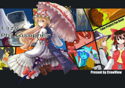 Rule 34 | 4girls, ascot, bare shoulders, blonde hair, blush, bow, brown eyes, bus, detached sleeves, dress, expressionless, eyeball, female focus, frilled hat, frills, hair bow, hair tubes, hakurei reimu, hat, hat bow, highres, hokamichi, kirisame marisa, letterboxed, long hair, long sleeves, looking at viewer, looking back, motor vehicle, multiple girls, purple eyes, red bow, red vest, shameimaru aya, squatting, tabard, taji (crowview), tokin hat, touhou, umbrella, vehicle, very long hair, vest, white bow, white dress, wide sleeves, witch hat, yakumo yukari