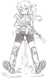 1futa ball_busting bdsm belt bike_shorts boots bulge cbt chinese_commentary commentary cyp_tw emphasis_lines explosive futanari gloves gun holding holding_gun holding_weapon knee_boots knee_pads military military_uniform mine_(weapon) monochrome motion_lines negative_space original pain ponytail rifle sanpaku short_hair simple_background solo standing surprised tareme testicles trembling vesna_(dutchko) weapon white_background