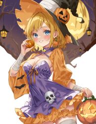 1girl absurdres bandaged_wrist bandages black_hat blonde_hair blue_eyes blush breasts bucket collarbone commentary_request dress earrings food food-themed_earrings food_themed_earrings fruit grin halloween halloween_bucket hat highres holding holding_bucket holding_pumpkin iwato_(celler) jack-o&#039;-lantern jewelry looking_at_viewer medium_breasts orange_(fruit) orange_scrunchie orange_slice original pumpkin pumpkin_earrings purple_dress scrunchie short_hair skull smile solo thigh_scrunchie thighhighs witch witch_hat