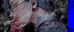 1boy black_gloves black_jacket blue_hair character_name cigarette collared_shirt dark_blue_hair facing_to_the_side gloves green_eyes group_name holding holding_cigarette hypnosis_mic iruma_jyuto jacket looking_at_viewer male_focus mebaru shirt short_hair smoking solo white_shirt