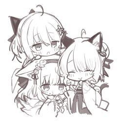 3girls animal_ears arknights cat_ears cat_girl cat_tail closed_eyes fox_ears fox_girl fox_tail greyscale highres japanese_clothes kimono kitsune kyuubi mint_(arknights) mint_(tsukiyoi)_(arknights) monochrome multiple_girls multiple_tails nuudoru official_alternate_costume scene_(arknights) scene_(betsushi)_(arknights) simple_background suzuran_(arknights) suzuran_(yukibare)_(arknights) tail