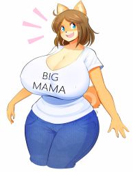 1girl animal_ears blue_eyes breasts brown_hair cleavage covered_erect_nipples denim dog_ears dog_tail english_text furry furry_female highres huge_breasts jeans june_(jinusenpai) june_ophelia_doggington pants short_hair smile solo tail theycallhimcake thick_thighs thighs wide_hips