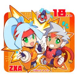 1boy 1girl anniversary ashe_(mega_man) biometal blue_hair border chibi copyright_name dark-skinned_male dark_skin dated explosion facial_mark forehead_mark green_eyes grey_(mega_man) grey_hair high_ponytail jacket long_hair mega_man_(series) mega_man_zx mega_man_zx_advent model_a_(mega_man) orange_background orange_jacket ponytail robot_ears scar scar_on_face simple_background teto_(y3832) white_border