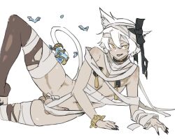 1boy androgynous animal_ear_fluff animal_ears bandages black_bow black_nails bow bracelet cat_boy cat_ears cat_tail fingernails flask highres jewelry long_fingernails male_focus messy_hair mokotoko9 mummy_costume nipple_tassels open_mouth penis simple_background smile solo spiked_bracelet spikes tail testicles thighhighs torn_clothes torn_thighhighs white_background white_hair yellow_eyes