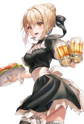 1girl absurdres artoria_pendragon_(fate) beer_mug black_bow black_bowtie black_dress black_thighhighs blonde_hair bow bowtie braid braided_bun cowboy_shot cup dress eyelashes fate/grand_order fate_(series) fishnet_thighhighs fishnets hair_bow hair_bun highres holding holding_cup holding_tray maid mug nagul open_mouth puffy_short_sleeves puffy_sleeves saber_(fate) saber_alter sash short_dress short_hair short_sleeves simple_background single_hair_bun solo thighhighs tray waitress white_background wrist_cuffs yellow_eyes