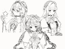 Rule 34 | 3girls, :o, ange katrina, animal ears, animal hair ornament, ayuko ammobium, beret, blush, braid, closed mouth, commentary request, crown hat ornament, dog ears, dot nose, flower, gloves, greyscale, hair between eyes, hair flower, hair intakes, hair ornament, hair ribbon, half gloves, hat, highres, inui toko, lapels, lize helesta, long hair, long sidelocks, looking at viewer, low twin braids, monochrome, multiple girls, neck ribbon, nijisanji, open mouth, ribbon, sanbaka (nijisanji), short hair, short sleeves, sidelocks, single hair intake, single sidelock, single wrist cuff, smile, star (symbol), twin braids, virtual youtuber, wrist cuffs, wrist ribbon