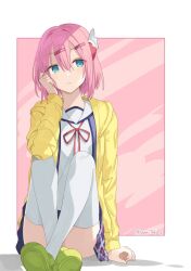 1girl aqua_eyes blue_shirt blue_skirt chiyoda_momo convenient_leg crocs elbow_on_knee full_body green_footwear hair_between_eyes hair_ornament hairpin hand_in_own_hair highres hood hoodie kanaria_hisagi knees_up looking_to_the_side machikado_mazoku multiple_hairpins on_ground open_clothes open_hoodie pink_background pink_hair plaid_clothes plaid_skirt pleated_skirt red_ribbon ribbon sailor_collar school_uniform serafuku shirt short_hair simple_background sitting skirt thighhighs twitter_username upskirt white_sailor_collar white_thighhighs wing_hair_ornament yellow_hoodie zettai_ryouiki
