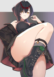 1girl absurdres bare_shoulders black_boots black_hair black_jacket black_shirt black_skirt boots breasts bystander_hwayoung_(epic_seven) commentary_request convenient_leg epic_seven from_below grin hair_bun hand_up highres hwayoung_(epic_seven) jacket konjou leg_up looking_at_viewer looking_down medium_breasts medium_hair miniskirt off_shoulder pleated_skirt shirt skirt sleeveless sleeveless_shirt smile solo standing standing_on_one_leg thick_thighs thighs yellow_eyes