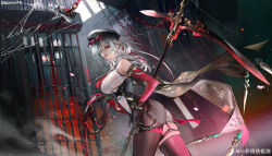 Rule 34 | 1girl, absurdres, arm warmers, bare shoulders, black gloves, black hat, black pantyhose, black shorts, black thighhighs, breasts, cage, chain, collared shirt, cowboy shot, duoqing tie ban shao, from side, gloves, guilongchao, half-closed eyes, hat, high-waist shorts, highres, holding, holding scythe, holding whip, large breasts, long hair, looking at viewer, mole, mole under eye, official art, pantyhose, peaked cap, red arm warmers, red eyes, scythe, shirt, short shorts, shorts, single leg pantyhose, single thighhigh, sleeveless, sleeveless shirt, solo, thigh strap, thighhighs, watermark, weibo watermark, white hair, white shirt, yuying (guilongchao)