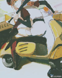 1girl baseball_bat baseball_cap baseball_uniform flcl green_eyes haruhara_haruko hat highres holding holding_baseball_bat motor_vehicle pink_hair red_legwear scooter solo sportswear vespa watermark weibo_watermark yansain