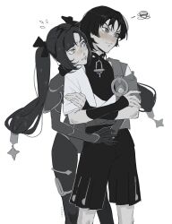1boy 1girl arhnt armor artist_name averting_eyes belt blunt_ends blush bodysuit bow cape closed_mouth couple crossed_arms flying_sweatdrops frown fur_collar gem genshin_impact gloves greyscale hair_bow hakama hakama_shorts hand_on_own_arm head_on_another&#039;s_shoulder hetero highleg highleg_leotard highres hug hug_from_behind interlocked_fingers japanese_armor japanese_clothes jewelry kimono kote kurokote leotard long_hair long_sleeves looking_at_another looking_to_the_side mandarin_collar mona_(genshin_impact) monochrome open_clothes open_kimono own_hands_together pantyhose parted_bangs pleated_shorts ponytail_holder scaramouche_(genshin_impact) short_sleeves shorts shoulder_peek sidelocks squiggle standing star_(symbol) star_print thighlet tsurime twintails v-shaped_eyebrows vision_(genshin_impact) wanderer_(genshin_impact) white_background