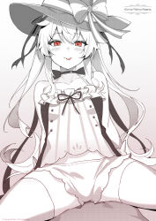 1girl bare_shoulders bloomers breasts collarbone company_name copyright_notice dress greyscale hat highres little_witch_nobeta long_hair looking_at_viewer monochrome nobeta official_art red_eyes simple_background small_breasts solo spot_color spread_legs thighhighs tongue tongue_out underwear very_long_hair witch_hat