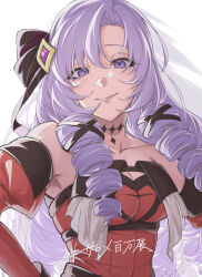 1girl absurdres black_bow bow breasts chest_tattoo cleavage detached_sleeves drill_hair drill_sidelocks hair_bow hair_ornament highres hyakumantenbara_salome long_hair looking_at_viewer nijisanji purple_eyes purple_hair sidelocks smile solo suzukure_86 tattoo upper_body very_long_hair virtual_youtuber white_background x_hair_ornament