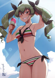 Rule 34 | 1girl, anchovy (girls und panzer), armpits, bikini, blush, breasts, brown eyes, drill hair, flag print, flag print bikini, food, gabuillust, girls und panzer, green hair, grin, hair ribbon, highres, ice cream, italian flag, italian flag bikini, italian flag print, long hair, looking at viewer, medium breasts, navel, outdoors, print bikini, ribbon, side-tie bikini bottom, sky, smile, solo, striped bikini, striped clothes, swimsuit, twin drills, twintails