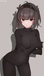 1girl black_bodystocking black_bodysuit black_gloves bodystocking bodystocking_only bodysuit bodysuit_only elbow_gloves gloves hatsuzuki_(kancolle) highres kantai_collection looking_at_viewer miron_(mirona33)