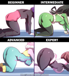 4girls all_fours arched_back ashido_mina ass ass_focus asui_tsuyu bad_id bad_twitter_id beginner_intermediate_advanced_expert_(meme) bent_over black_hair black_pants bodysuit boku_no_hero_academia bokuman boots breast_press breasts brown_hair colored_skin comparison covered_erect_nipples english_text flat_ass from_side fur_trim gloves green_hair head_out_of_frame impossible_bodysuit impossible_clothes jacket jiro_kyoka large_breasts long_hair long_sleeves medium_breasts medium_hair meme multiple_girls pants pink_hair pink_shirt pink_skin purple_hair shirt short_hair thick_thighs thighs top-down_bottom-up uraraka_ochako vest watermark web_address