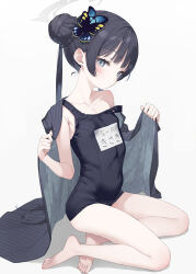 1girl bare_legs bare_shoulders barefoot black_hair black_one-piece_swimsuit blue_archive blush breasts butterfly_hair_ornament closed_mouth collarbone commentary_request covered_navel double_bun full_body grey_background grey_eyes grey_jacket hair_bun hair_ornament halo hands_up highres jacket jacket_on_shoulders kani_biimu kisaki_(blue_archive) long_hair name_tag old_school_swimsuit one-piece_swimsuit pinstripe_jacket pinstripe_pattern school_swimsuit shadow simple_background sitting small_breasts solo strap_slip swimsuit twintails very_long_hair yokozuwari