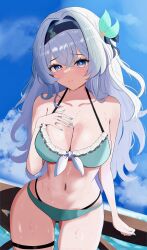 1girl absurdres bikini black_hairband blue_sky blush breasts cleavage commentary_request cowboy_shot firefly_(honkai:_star_rail) green_bikini grey_hair hairband highres honkai:_star_rail honkai_(series) large_breasts long_hair looking_at_viewer multicolored_eyes navel nuuuukoame sky solo stomach swimsuit thigh_strap thighs two-tone_eyes