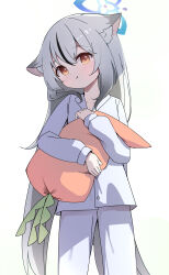 Rule 34 | 1girl, absurdres, animal ear fluff, animal ears, blue archive, blush, brown eyes, closed mouth, grey hair, hair between eyes, halo, highres, hugging object, kokona (blue archive), long hair, long sleeves, looking at viewer, moepu., pants, shirt, simple background, sleeves past wrists, solo, tail, very long hair, white background, white hair, white shirt, wings