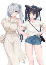 2girls absurdres black_hair blue_eyes blue_nails blue_shorts blush breasts cinderella_(nikke) commentary_request cone_hair_bun denim denim_shorts dress goddess_of_victory:_nikke green_hair grey_hair hair_bun hair_over_one_eye hands_on_own_hips highres large_breasts little_mermaid_(nikke) looking_at_viewer medium_breasts multicolored_hair multiple_girls nail_polish ramuneogura shirt shorts simple_background smile streaked_hair twintails white_background white_dress white_shirt yellow_eyes