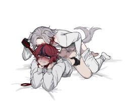 2boys ahoge all_fours anal animal_ears aotsuki_eito asphyxiation black_gloves black_hair blush closed_eyes commentary cum dog_boy dog_ears dog_tail doggystyle drooling english_commentary gloves grey_hair hands_on_own_hips highres holding holding_leash leash leash_pull male_focus multicolored_hair multiple_boys pants parted_bangs pubic_hair red_eyes red_hair rolling_eyes sex sex_from_behind shirt short_hair simple_background strangling streaked_hair sumino_takumi sweat tail tail_wagging the_hundred_line_-last_defense_academy- tsu_(lovesick1964) white_background white_pants white_shirt yaoi