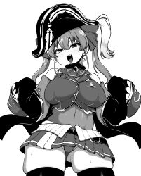 Rule 34 | 1girl, absurdres, belt, breasts, commentary request, covered navel, cowboy shot, greyscale, groin, hat, heterochromia, highres, himajin noizu, hololive, houshou marine, jacket, large breasts, long hair, long sleeves, looking at viewer, miniskirt, monochrome, open mouth, panties, pirate hat, simple background, skindentation, skirt, sleeves past fingers, sleeves past wrists, solo, sweat, teeth, thighhighs, thighs, twintails, underwear, upper teeth only, virtual youtuber