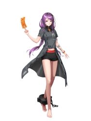 1girl asymmetrical_hair bare_arms bare_legs barefoot between_fingers black_survival blood blood_on_feet boxers braid chain cuffs english_text expressionless feet fingernails glaring highres holding holding_paper hyejin_(black_survival) intravenous_drip lab_coat lanyard long_hair looking_at_viewer male_underwear midriff_peek official_alternate_costume official_art ofuda ofuda_between_fingers pale_skin paper purple_eyes purple_hair red_trim shackles shiny_skin side_braid single_braid solo tiptoes toenails toes translation_request underwear