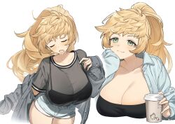 1girl :3 black_jacket blonde_hair blue_shorts blush breasts cleavage closed_mouth collarbone cup denim denim_shorts disposable_coffee_cup disposable_cup fang green_eyes jacket large_breasts long_hair messy_hair open_mouth original ponytail short_shorts shorts simple_background skin_fang smile solo sweat umeda_shiso white_background