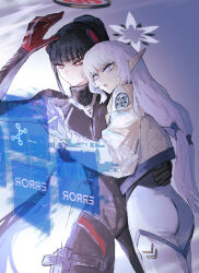 2girls absurdres ass black_bodysuit black_hair black_halo blue_archive blunt_bangs bodysuit breasts covered_navel grey_eyes grey_hair groin hair_ornament halo hand_on_another&#039;s_hip highres himari_(blue_archive) himari_(bodysuit)_(blue_archive) holographic_interface holster hug jacket large_breasts long_hair mole mole_under_eye multicolored_halo multiple_girls pointy_ears ponytail red_halo rio_(blue_archive) rio_(bodysuit)_(blue_archive) she_(morianosu) thigh_holster two-tone_halo very_long_hair white_bodysuit white_halo white_jacket