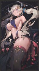Rule 34 | 1girl, absurdres, ass, bare shoulders, black background, black gloves, black thighhighs, bracelet, breasts, closed mouth, commentary, earrings, elbow gloves, fingerless gloves, free style (yohan1754), gloves, hair ornament, hand up, highres, horns, jewelry, large breasts, long hair, looking at viewer, navel, original, purple eyes, smile, solo, stomach, symbol-only commentary, thighhighs, thighs, toned, toned female, twintails