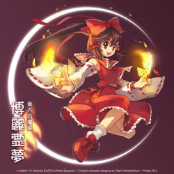 1girl bad_id bow brown_eyes brown_hair commentary dated_commentary detached_sleeves fire hair_bow hair_tubes hakurei_reimu long_hair looking_at_viewer ofuda open_mouth red_bow red_footwear red_shirt red_skirt ribbon-trimmed_sleeves ribbon_trim shirt skirt sleeveless sleeveless_shirt socks solo tiv touhou white_sleeves white_socks