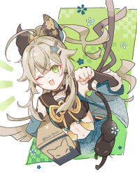 1girl :3 black_bow black_cat black_shirt blonde_hair blue_eyes blue_shorts bow box cardboard_box cat clenched_hand commentary_request crop_top cropped_legs genshin_impact green_background green_eyes hair_bow holding holding_box ituki_gnsn kirara_(genshin_impact) looking_at_viewer multiple_tails one_eye_closed ponytail shirt shorts sidelocks simple_background sleeveless sleeveless_shirt solo stomach tail twitter_username wavy_hair white_background