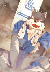 1boy absurdres animal_ears brown_fur bucket chinese_commentary closed_eyes collarbone commentary_request dated dog_boy dog_ears dog_nose dog_tail facial_scar facing_viewer fangs furry furry_male highres indian_style japanese_clothes kimono male_focus moritaka_(housamo) open_mouth paw_print sauna scar scar_across_eyebrow scar_on_cheek scar_on_face scar_on_nose signature sitting smile steam tail tokyo_houkago_summoners towel towel_around_neck wooden_bucket yan_tou_bu_xi_yan yukata