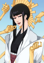 Rule 34 | 1girl, absurdres, black hair, black kimono, bleach, bleach: sennen kessen-hen, blue background, blunt bangs, commentary, crescent, crescent hair ornament, dakaeya, english commentary, extra arms, eyelashes, eyeshadow, hair ornament, hands up, haori, highres, holding, holding needle, japanese clothes, kimono, long hair, looking at viewer, makeup, mature female, mechanical arms, needle, nose, parted lips, purple eyeshadow, red eyes, red lips, shutara senjumaru, simple background, smile, solo, straight hair, taichou haori, tsurime, upper body, white haori