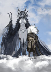 1boy 1girl absurdres big_hair black_wings blue_sky breasts cloud colored_skin commentary_request crown dark_souls_(series) dark_souls_iii dragon_girl grey_hair grey_skin groin height_difference highres horns king_of_the_storm large_breasts miao_jiangyou nameless_king navel on_cloud outdoors personification sky standing v white_hair wings