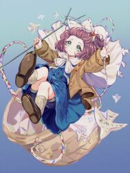 1girl :o absurdres bangs_blown_up blue_background blue_eyes blue_shorts blue_skirt blue_vest bow brown_hair brown_jacket brown_shoes cape cynthia_(uuzz5324) floating flutterpage full_body hair_bow hands_up highres holding holding_rod holding_rope jacket looking_up reverse:1999 rod rope shoes short_hair shorts shorts_under_skirt simple_bird skirt socks solo vest white_bow white_cape white_socks