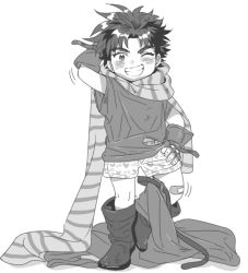1boy age_regression aged_down apple972 bandaid boxers clothes_pull greyscale grin inzup jojo_no_kimyou_na_bouken joseph_joestar joseph_joestar_(young) male_focus male_underwear monochrome one_eye_closed oversized_clothes pants pants_pull scarf smile solo striped_clothes striped_scarf underwear