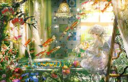 1girl angel_wings bathroom bathtub blue_flower brown_eyes ceiling_light chinese_commentary closed_mouth commentary_request crystal_ball curtains day dress expressionless eyelashes feathered_wings fish floral_print flower flying_fish frilled_sleeves frills headscarf highres holding_orb indoors lace lace-trimmed_dress lace_dress lace_headwear lace_trim long_hair long_sleeves original pink_flower puffy_long_sleeves puffy_sleeves red_flower say_hana see-through_clothes see-through_dress short_dress sitting solo square_neckline tile_wall tiles very_long_hair white_dress white_flower white_hair white_headscarf white_wings window wings