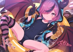 ... 1girl asymmetrical_legwear black_hair blue_jacket blue_one-piece_swimsuit breasts character_request closed_mouth collarbone commentary_request covered_navel demon_girl demon_horns demon_wings hair_over_one_eye highres hood hood_up horns horns_through_headwear jacket mismatched_legwear monster_musume_td multicolored_hair one-piece_swimsuit paid_reward_available partially_submerged pink_eyes pink_hair purple_socks purple_thighhighs robo_mikan short_hair single_sock single_thighhigh small_breasts socks solo speech_bubble spoken_ellipsis spoken_x spread_legs square_pupils streaked_hair striped_clothes striped_socks striped_thighhighs swimsuit thighhighs variant_set wading_pool wings