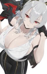 1girl absurdres arm_strap black_choker black_gloves black_horns black_pants breasts choker commentary cowboy_shot curled_horns earrings gloves grey_hair hair_between_eyes highres horns jewelry key_earrings large_breasts looking_at_viewer mole mole_on_breast pants parted_lips red_eyes shirt simple_background solo tabulagami torn_clothes torn_shirt white_background white_shirt wuthering_waves zani_(wuthering_waves)