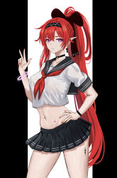 black_choker black_hairband black_sailor_collar black_skirt choker ear_piercing hair_ribbon hairband haruyuki_(karem) heart highres long_hair midriff miniskirt mole mole_on_arm multiple_piercings navel navel_piercing neckerchief piercing pleated_skirt pointy_ears ponytail purple_eyes red_hair red_nails red_neckerchief ribbon sailor_collar school_uniform skirt tacet_mark_(wuthering_waves) very_long_hair wuthering_waves yinlin_(wuthering_waves)