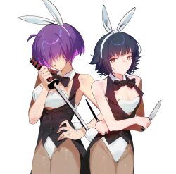 2girls ahoge alice_(raneblu) animal_ears bare_arms bare_shoulders black_hair bow bowtie breasts brown_eyes brown_pantyhose cleavage closed_mouth dual_wielding facing_viewer fake_animal_ears fake_tail freckles grin hair_over_eyes hairband highres holding holding_knife holding_sword holding_weapon katana knife leotard looking_at_viewer mara_(raneblu) medium_breasts multiple_girls original pantyhose playboy_bunny purple_hair rabbit_ears rabbit_tail raneblu short_hair simple_background sleeveless sleeveless_jacket small_breasts smile standing sword tail tailcoat weapon white_background white_leotard