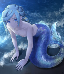 1boy arm_support blue_eyes blue_hair closed_mouth collarbone commentary_request eyelashes grusha_(pokemon) looking_up male_focus merman min_(myna8247) monster_boy monsterification nintendo outdoors pokemon pokemon_sv sand shore sitting water wet