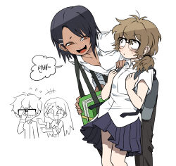 1boy 1girl bag black_skirt brown_eyes brown_hair collared_shirt fang genderswap genderswap_(ftm) genderswap_(mtf) glasses hachiouji_naoto highres ijiranaide_nagatoro-san lau_(laustar30) nagatoro_hayase open_mouth pleated_skirt school_uniform shirt short_sleeves shoulder_bag simple_background skin_fang skirt tan white_background white_shirt wide-eyed