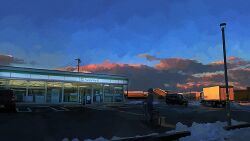 1boy banakotakemaru bicycle blue_sky brand_name_imitation cloud cloudy_sky commentary_request convenience_store familymart highres motor_vehicle original outdoors parking_lot power_lines scenery shop sky solo truck utility_pole wide_shot