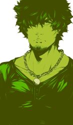 1boy beard bleach bleach:_sennen_kessen-hen chain chain_necklace closed_mouth collarbone facial_hair green_theme hair_over_one_eye highres jewelry looking_at_viewer monochrome necklace peppertea portrait sado_yasutora solo white_background