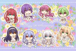 6+girls black_hair blonde_hair blue_eyes blue_hair blunt_bangs chibi crocodile_hair_ornament dress flower green_eyes green_hair hair_between_eyes hair_flower hair_intakes hair_ornament hairband hairclip happy_anniversary kamiyama_shiki katou_umi kushima_kamome long_hair looking_at_viewer mizuori_shizuku multiple_girls naruse_shiroha nomura_miki open_mouth pink_eyes ponytail purple_eyes purple_hair red_eyes red_hair short_hair sidelocks sleeveless smile sorakado_ao summer_pockets tsumugi_wenders twintails two_side_up ura_(ura-tennislove) white_dress white_hair x_hair_ornament yellow_eyes