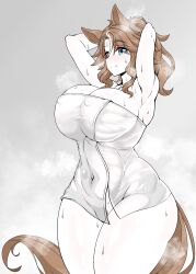 1girl absurdres animal_ears armpits arms_behind_head arms_up blue_eyes blush breasts brown_hair closed_mouth covered_erect_nipples covered_navel cowboy_shot female_pubic_hair grey_background highres horse_ears horse_girl horse_tail huge_breasts huruse long_hair looking_at_viewer mejiro_palmer_(umamusume) multicolored_hair naked_towel pubic_hair pubic_hair_peek smile solo sweat tail towel two-tone_hair umamusume white_hair