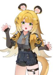 1girl a_maple absurdres animal_ear_fluff animal_ears black_gloves claw_pose collared_shirt cowboy_shot elbow_gloves fingerless_gloves gloves green_eyes grey_shirt high-waist_shorts highres jacket ju_fufu long_hair looking_at_viewer orange_fur shirt shorts smile striped_hair tail tiger_ears tiger_girl tiger_tail white_background yellow_jacket zenless_zone_zero